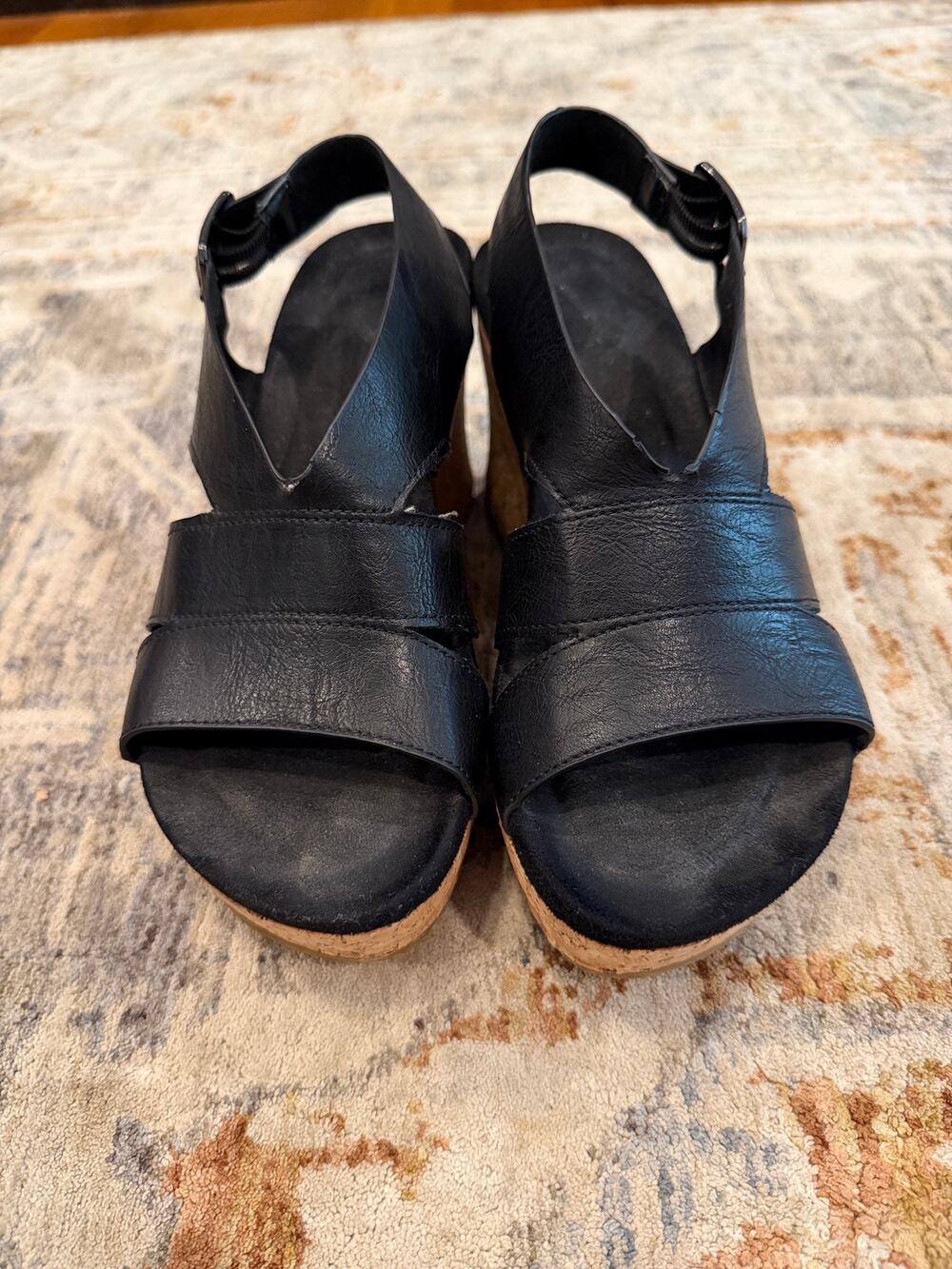 Women's Black Faux Leather Cork Wedge Sandals Size 6 Ankle Strap Open Toe